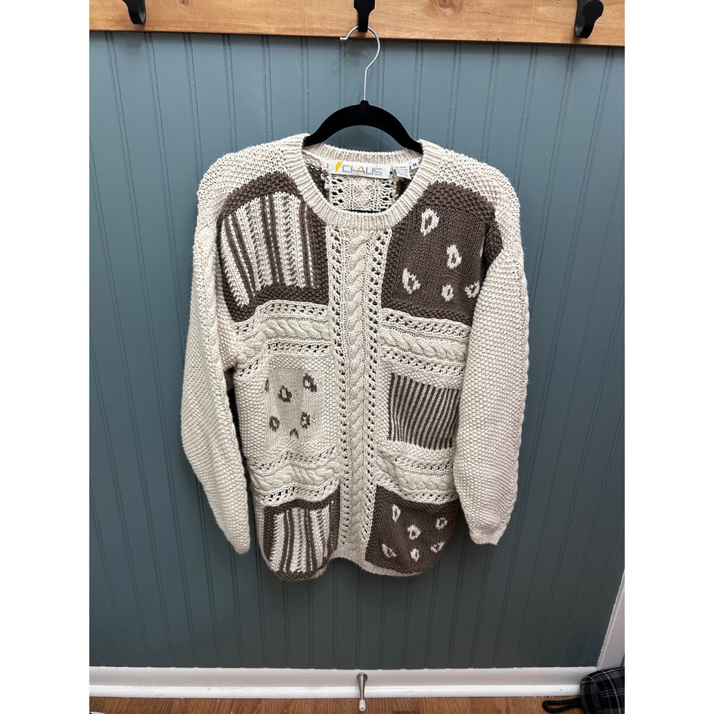 CHAUS Women's Size M Patchwork Knit Sweater Cream‎ Brown Cable Knit